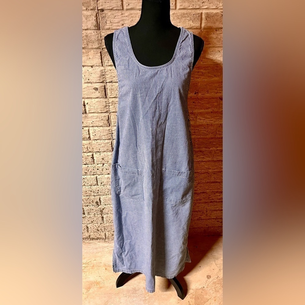 Erika & Co Vintage Pinstripe Denim Maxi Jumper Dress M Cotton Pockets VTG